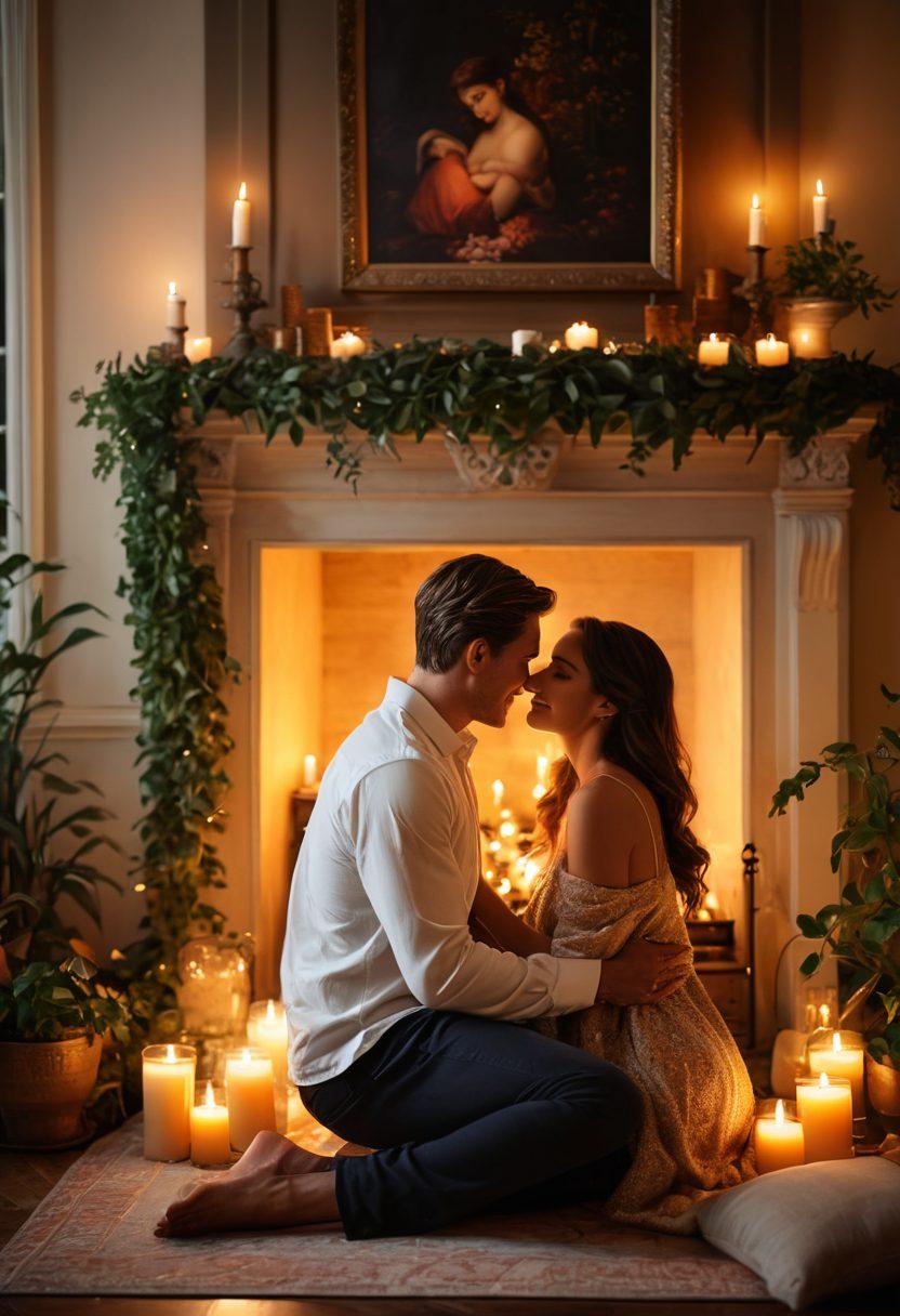 A couple sitting by a romantic fireplace, sharing an intimate moment while surrounded by soft glowing candles. Their faces express love and connection, with gentle touches and warm smiles, conveying deep intimacy. The background features a cozy, elegantly decorated room filled with lush greenery and twinkling fairy lights. The warm color palette enhances the atmosphere of love and romance. super-realistic. vibrant colors. warm tones.