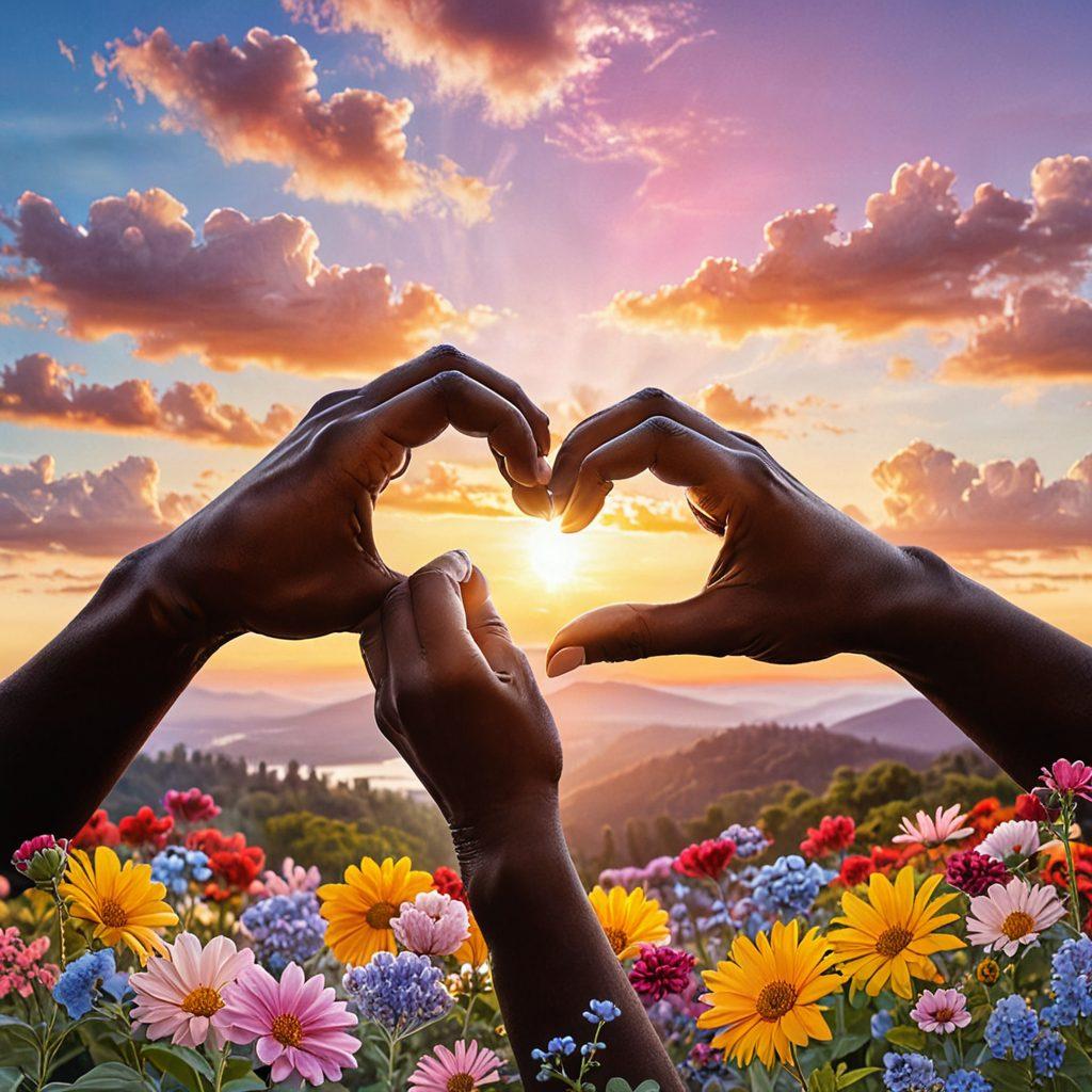 A serene landscape depicting two hands gently holding a blossoming heart, symbolizing compassion and connection. In the background, silhouettes of diverse people engaging in heartfelt conversations, surrounded by vibrant flowers representing growth and partnership. The sky is painted in soft pastel colors, evoking a sense of warmth and harmony. super-realistic. vibrant colors. soft focus.