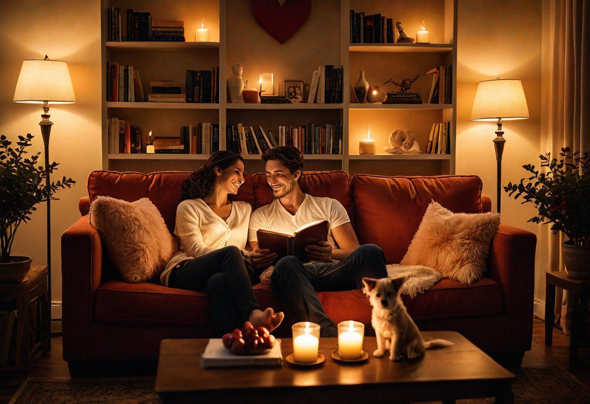 A warm and inviting scene depicting a couple in a cozy living room, sharing intimate moments like laughter and conversation, surrounded by symbols of love such as heart-shaped cushions and soft candlelight. Include elements suggesting companionship, like a small dog nearby, and a bookshelf filled with romance novels. The atmosphere should be filled with a sense of comfort and deep connection. soft lighting. super-realistic. vibrant colors.